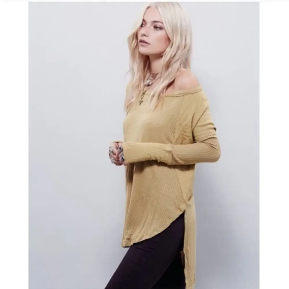 Free People Mustard Yellow Ventura Thermal Top MEDIUM Waffle Knit Long Sleeve